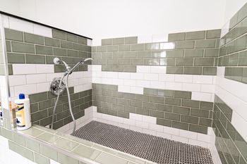 A shower area with a green tiled wall and a white shower head.